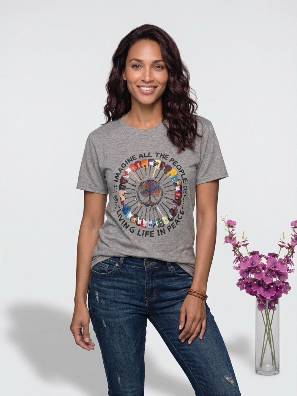 Imagine All The People Peace Guitar Graphic Tee Womens Large Boho Music Shirt